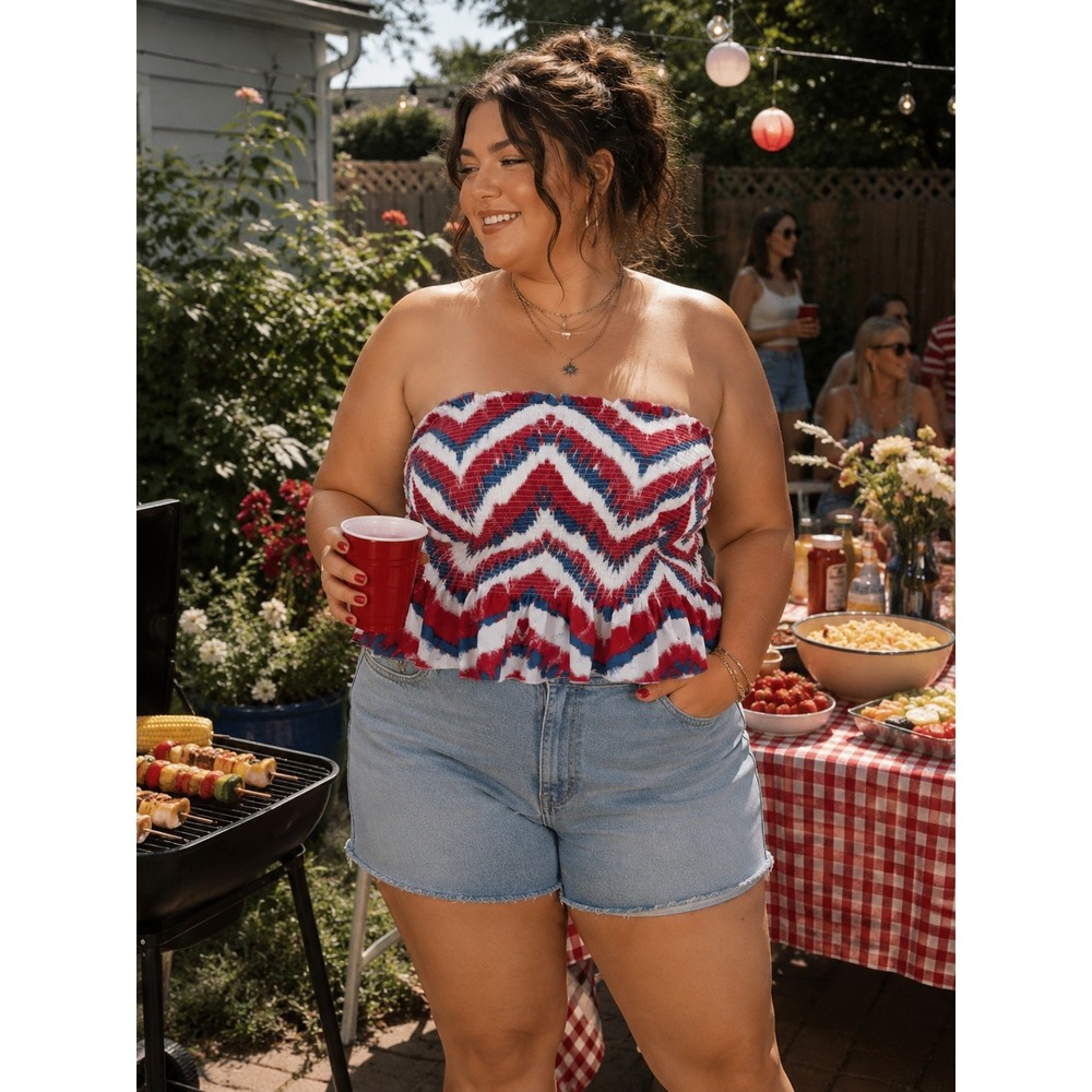 Boho Beach July 4th Holiday Red White Blue Chevron Smocked Peplum 3XL Tube Top - Picture 1 of 8